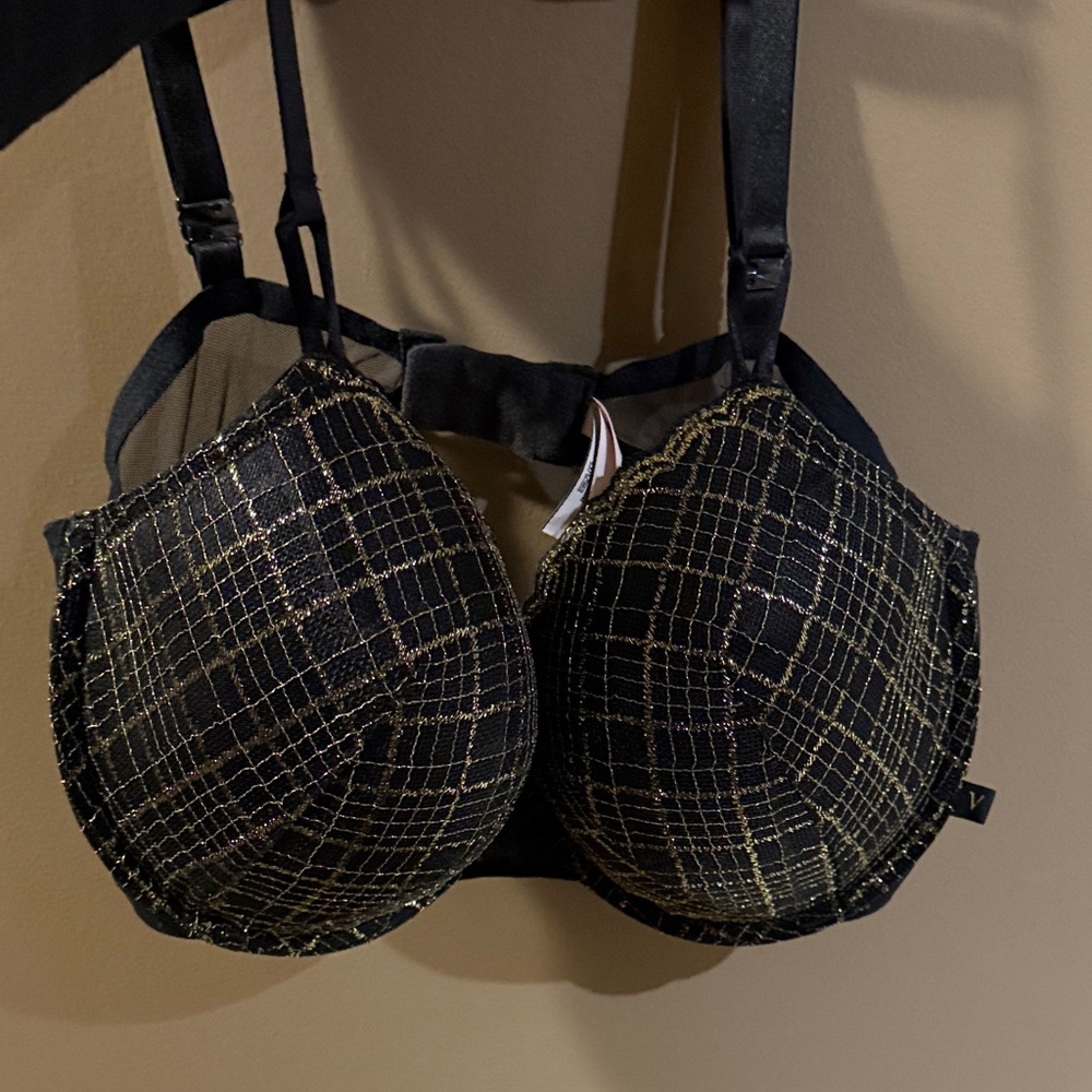 Victoria's Secret Black Bra with Gold Grid Pattern